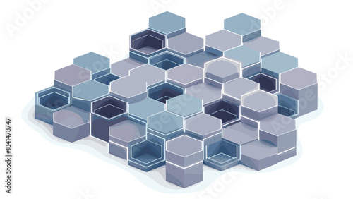 A cluster of blue hexagons in various shades arranged in a honeycomb pattern
