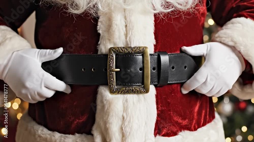 Santa Claus adjusts tight belt buckle uniform waist neat appearanc VFX