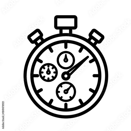 Bold black line art icon of a classic analog stopwatch with three subdials and a top plunger.