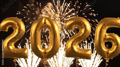 Golden balloons displaying the year 2026 with festive fireworks at night