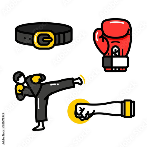Bold line art icons of martial arts and combat sports, including a high kick, punch, boxing glove, and belt.