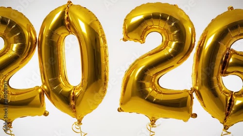 Golden balloons displaying the year 2026 against a white background