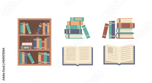 Bookshelf with Books and Stacks of Books, Open Books Illustration.