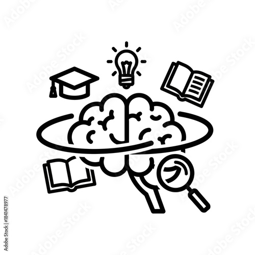 Brain surrounded by education symbols - book, graduation cap, lightbulb, and magnifying glass.