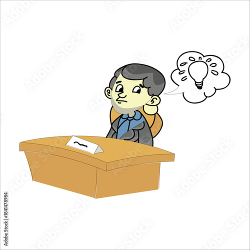 Businesswoman sitting at a desk with a nameplate, having a bright idea (lightbulb)