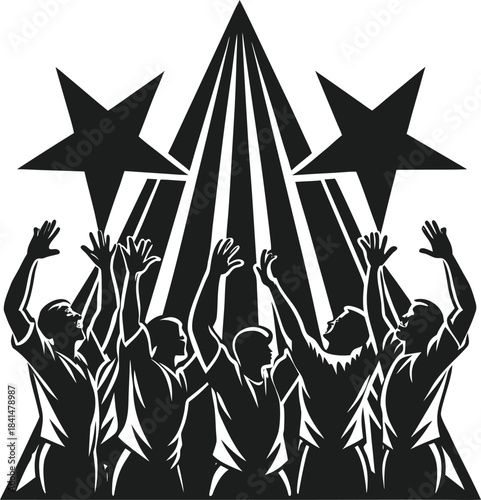 A group of people reaching for success and unity under guiding stars and light beams