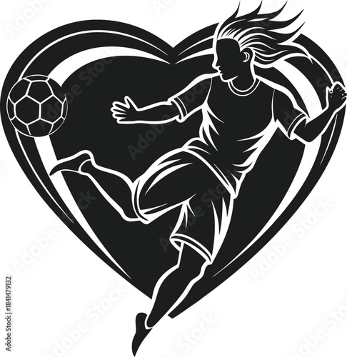 A heart-shaped silhouette of a female soccer player kicking a ball