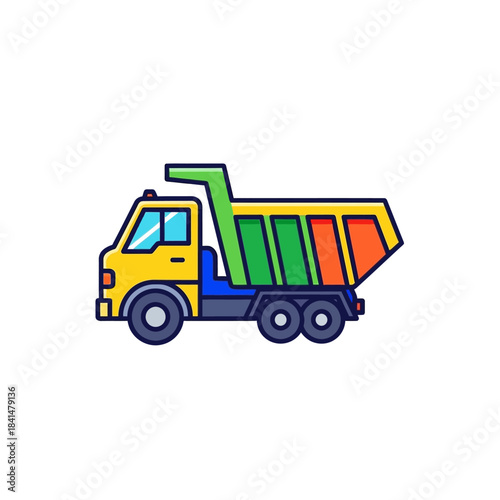 Brightly colored cartoon dump truck with a yellow cab, blue chassis, and a striped green and orange raised dump bed.