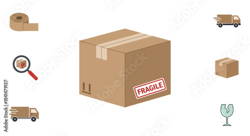 Brown cardboard shipping box sealed with tape, featuring a red FRAGILE stamp.