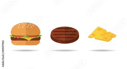 Burger ingredients - sesame bun, grilled patty, and cheese slice, flat vector illustration.