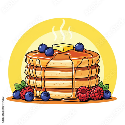 A tall stack of golden-brown pancakes, generously drizzled with syrup and topped with a pat of butter and fresh blueberries and raspberries.