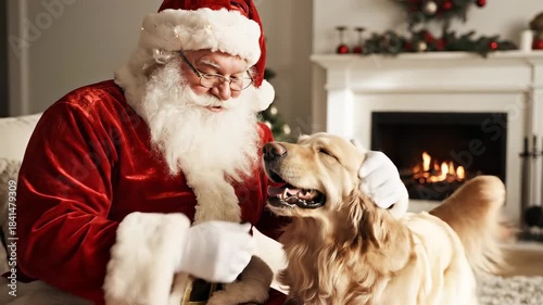 Santa Claus petting dog wagging tail showing affection cozy living VFX