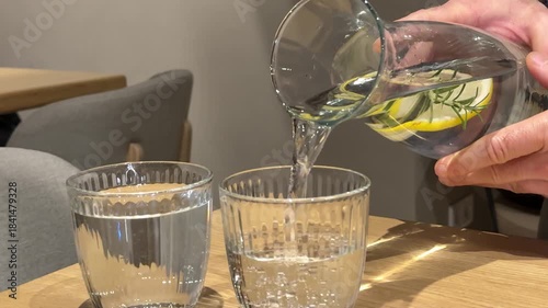 Pouring impure drinking water into a glass with blue light. Close-up of pouring not fresh, contaminated drinking water into a glass on a white background. Drink concept, healthy. High quality 4k