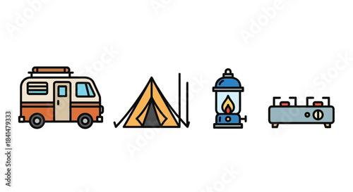 Camping Essentials - Van, Tent, Lantern, and Stove Illustration.