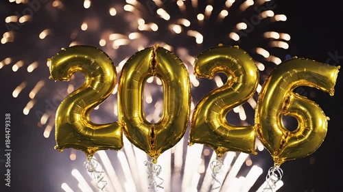Golden balloons displaying the year 2026 with fireworks celebration