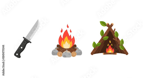 Camping Icons - Knife, Campfire, and Tent with Leaves, Cartoon Style.
