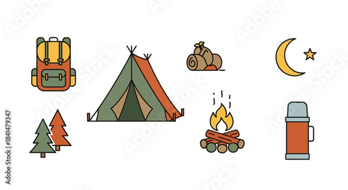 Camping Icons - Backpack, Tent, Sleeping Bag, Moon, Trees, Fire, Thermos, Adventure.