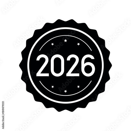 Minimal round badge icon with “2026” inside, black silhouette.