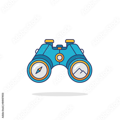 Cartoon Blue Binoculars with Yellow Accents, Compass, and Mountain Scene in Lenses.
