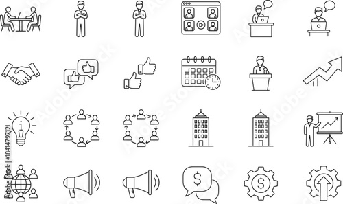 Business communication line icons set, teamwork, presentations, online meetings, growth analytics, corporate collaboration, feedback, leadership, planning, strategy, innovation elements