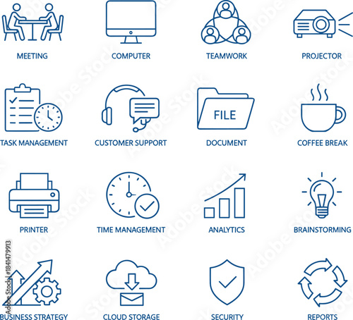 Business office line icons collection, teamwork, computer, analytics, cloud storage, brainstorming, task management, security, reports, meeting, productivity tools illustration