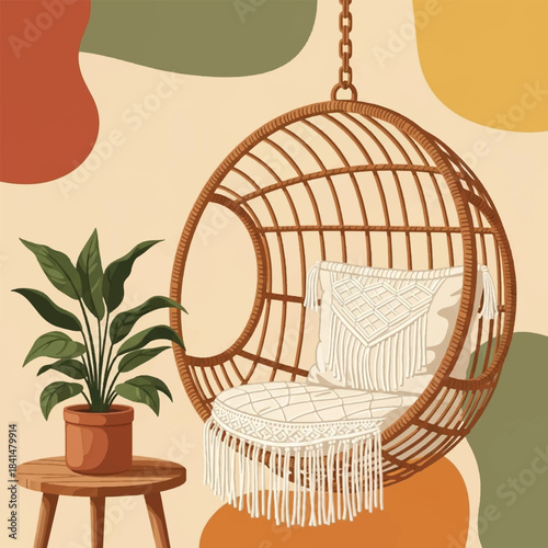 A cozy bohemian indoor scene featuring a hanging rattan chair with macrame cushion, a potted plant on a wooden table, and abstract earthy background.