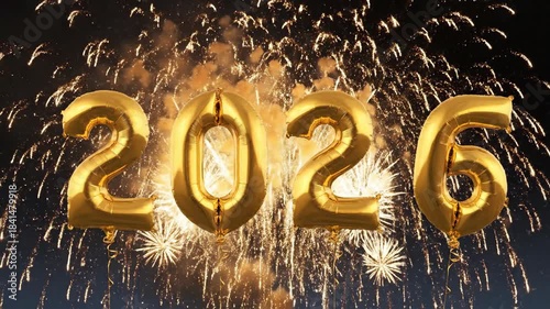 Golden balloons displaying the year 2026 with fireworks celebration