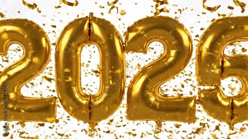 Golden balloons form the number 2025 with confetti celebratory concept