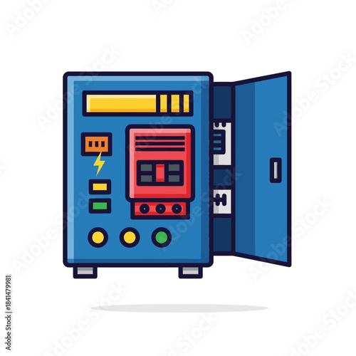 Cartoon Illustration of a Blue Electrical Panel with Open Door and Detailed Components.
