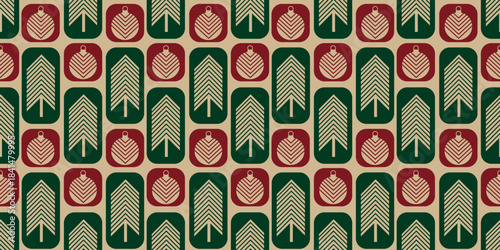 Seamless geometric Christmas pattern featuring red squares with ornament silhouettes and green rectangles with fir tree silhouettes on beige background. Ideal for textiles and holiday decor