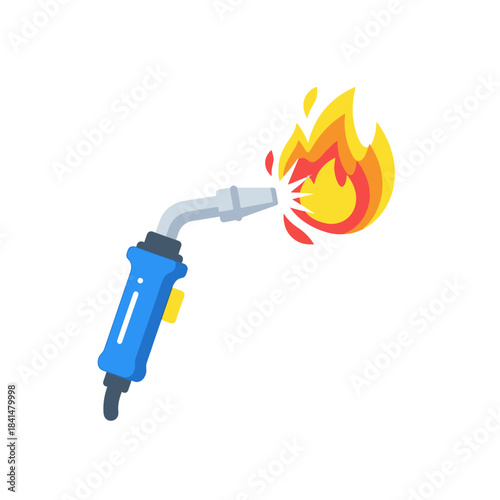Cartoon Illustration of a Blue Welding Torch with Bright Orange Flames Erupting.
