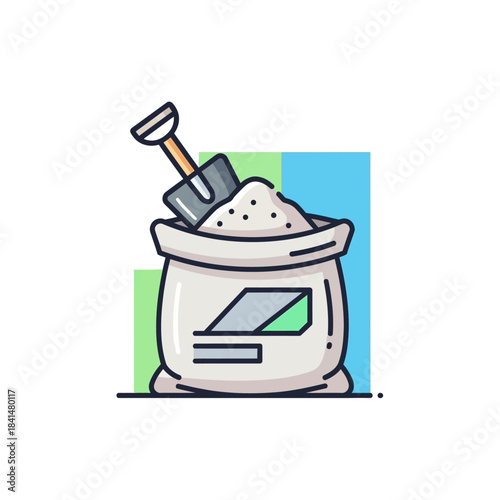 Cartoon illustration of a white sack filled with fine white powder, featuring a small grey shovel.