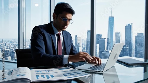 A suited man works at a glass desk with a laptop, documents, and a city skyline daytime view, today