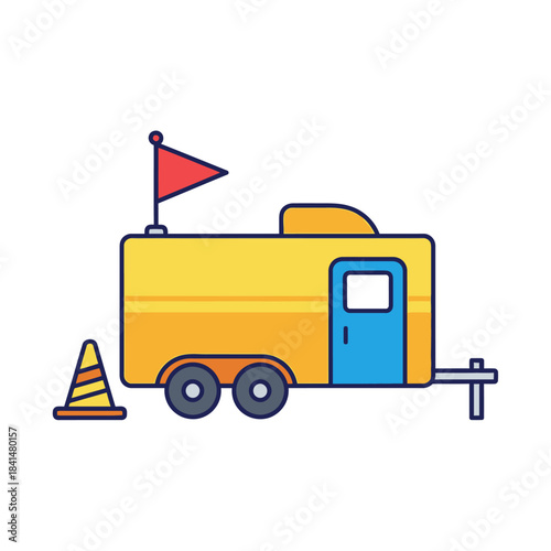 Cartoon Illustration of a Yellow Construction Trailer with Red Flag and Cone.