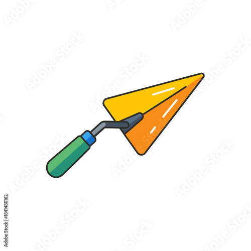Cartoon Illustration of a Yellow Trowel with Green Handle and Black Metal.