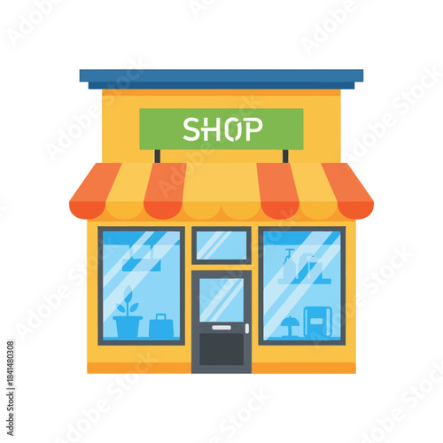 Cartoon shop front with orange awning, blue roof, and SHOP sign.