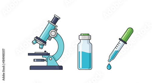 Cartoon science lab equipment set - teal microscope, vial with blue liquid, and dropper with falling drop.