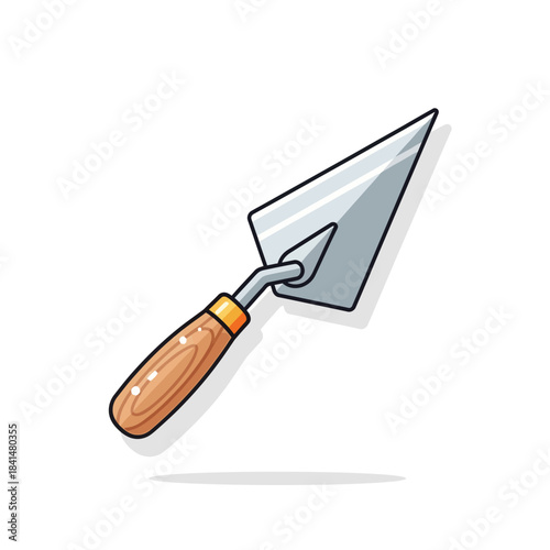 Cartoon style masonry trowel with a wooden handle and shiny metal blade, angled for construction work.