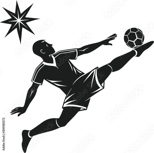 Black and white silhouette illustration of a soccer player performing an overhead bicycle kick
