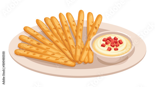 A plate of crispy breadsticks served with a bowl of creamy hummus dip topped with pomegranate seeds on a