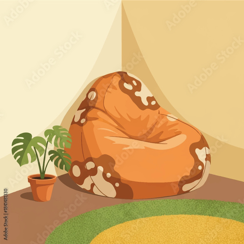 A cozy corner with an orange bean bag chair and a potted plant.