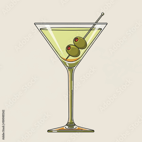A classic martini cocktail served in a V-shaped glass with two green olives on a cocktail pick.