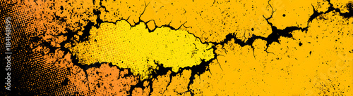 A yellow background with cracks, along with halftone spots and black stains.