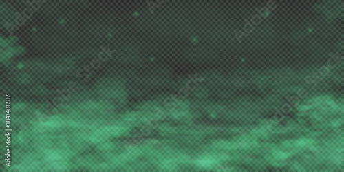 Green fog overlay banner. Toxic smoke with light effect background. Cloudiness, 3d mist smog or chemistry fume. Halloween mysterious backdrop. Realistic spooky vapor texture