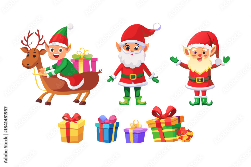 Fototapeta premium Cartoon Christmas collection. Xmas hats and New Year gifts. Santa Claus and elves helpers characters. Santas character mask, gift box, elfs legs and reindeer hat. Isolated vector icons set .vector ico