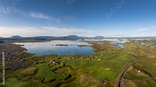 panorama landscape view of northern Myvatn Lake in northern Iceland