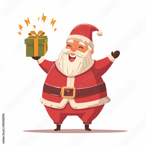 Cheerful cartoon Santa Claus holding up a sparkling green gift box with excitement and joy