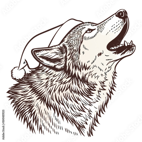 Howling Wolf Vector Stamp & Christmas Holiday Retro Badge Mascot Logo – Ink Graphic Mono, Black Fur Icon Wild Head Sketch, Drawn Line Art Illustration, Winter Snow New Year Decor & Santa Hat Detail