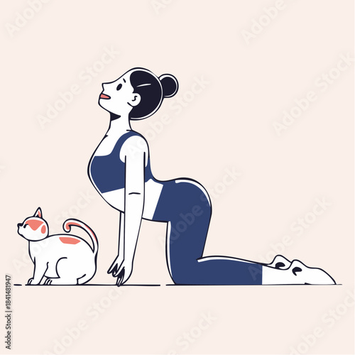 Woman practicing yoga in cobra pose next to a small cat illustration in a minimalist style