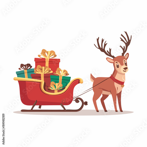 Cute cartoon reindeer pulling a bright red sleigh loaded with colorful wrapped christmas presents